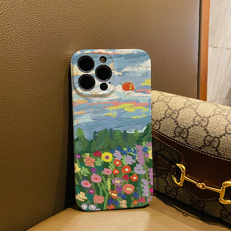 ฟิล์มเคสแข็งสําหรับiphone 16promax 15 14 pro Max 11 13 12 7Plus 8 X XS Max 13Mini 12Miniแฟชั่นภาพวาดสีน้ํามันดอกไม้ด้านข้างการพิมพ์