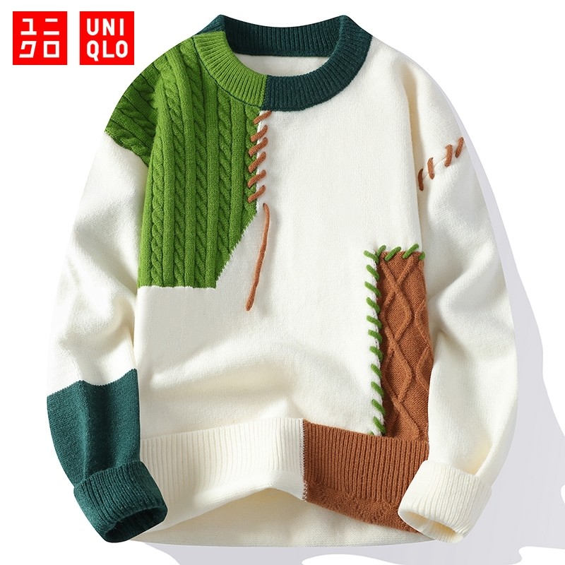 UNIQLO ยูนิโคล่ ที่มีคุณภาพสูงผู้ชายสีคมชัดแนวโน้มเสื้อถัก,อินสไตล์เสื้อกันหนาวเกาหลี