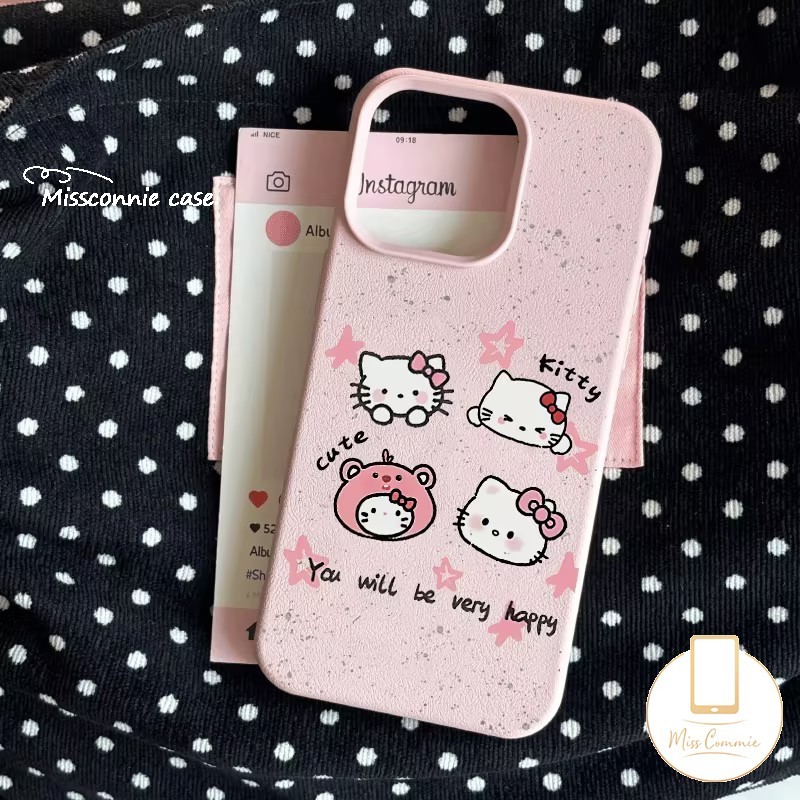 น่ารักการ์ตูน Hello Kitty เงาสีชมพูดาวสําหรับ IPhone 13 11 XR 15 14 12 16 Pro Max 14 15 16 Plus X XS Max หรูหราผิวรู้สึกหนังเนื้อนุ่มกรณี