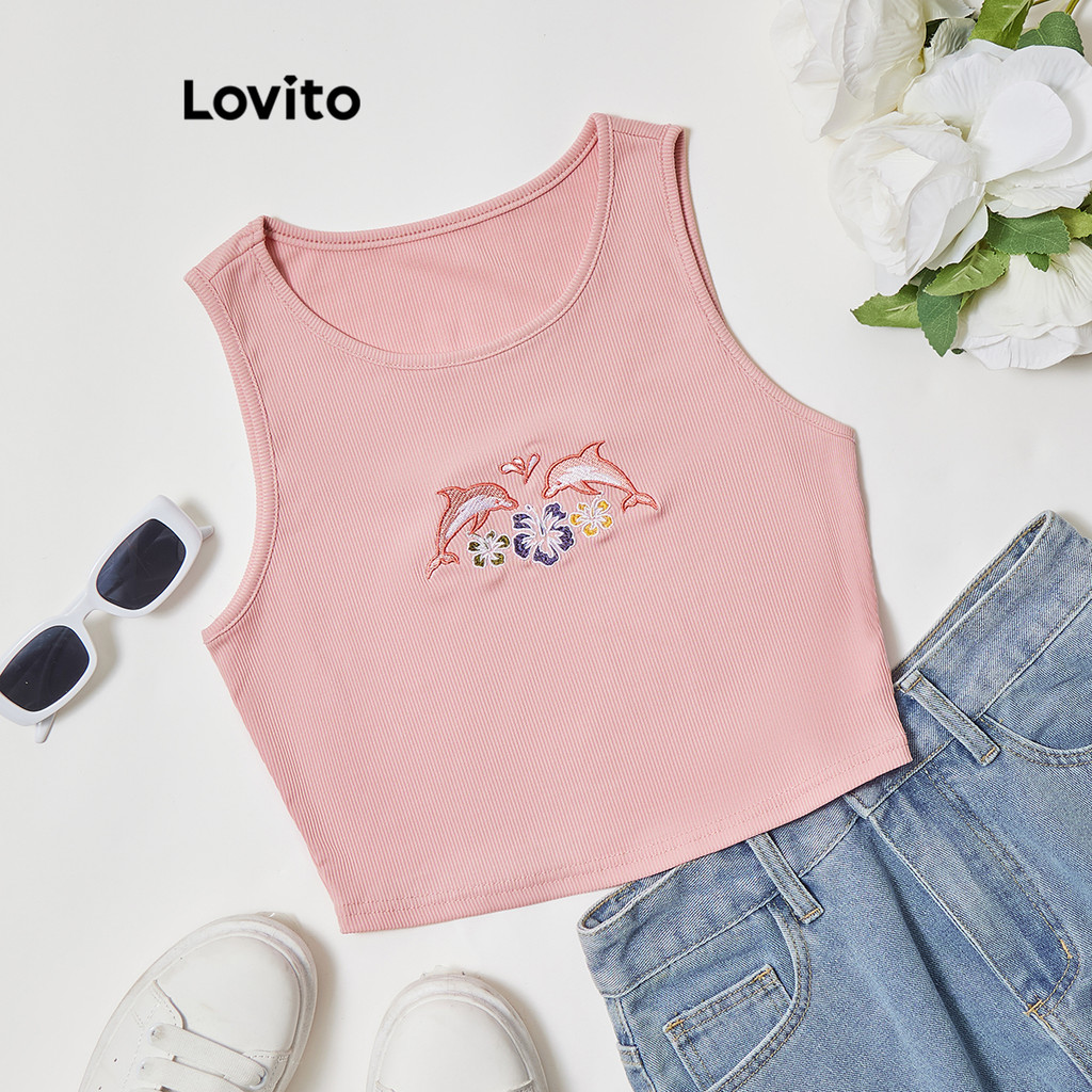 Lovito เสื้อแขนกุดผู้หญิง ปักลายการ์ตูน สไตล์ลำลอง L95ED868