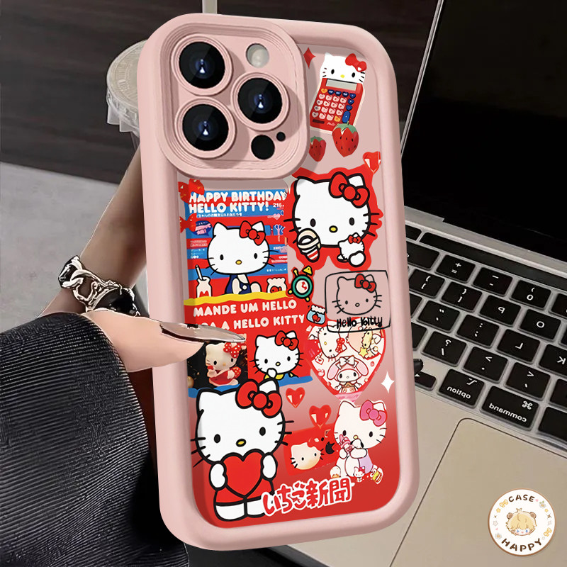 สติ๊กเกอร์สไตล์เรโทร สีแดงลายคิตตี้น่ารัก เคสIphone 11 13 14 Pro Max 15 12 15 Pro Max X XR XS Max 7 15 6s 8 Plus SE 2020
