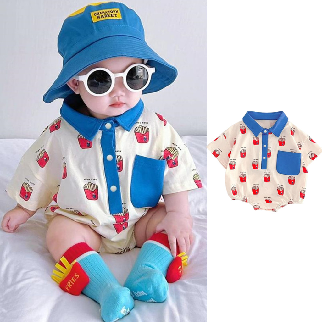 เด็กromperเสื้อผ้าฤดูร้อนแขนสั้นjumpsuitsเด็กทารกสาวการ์ตูนแฟชั่นlapel Bodysuits 0-2 ปีเด็กOnesie