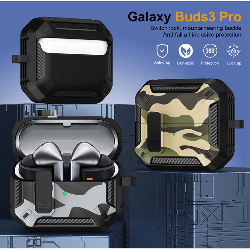 ล็อคที่ปลอดภัยฝาครอบป้องกันสําหรับ Samsung Galaxy Buds3 3Pro หูฟังอุปกรณ์เสริม Buds 3 Pro พวงกุญแจCamouflage Armorกันกระแทก