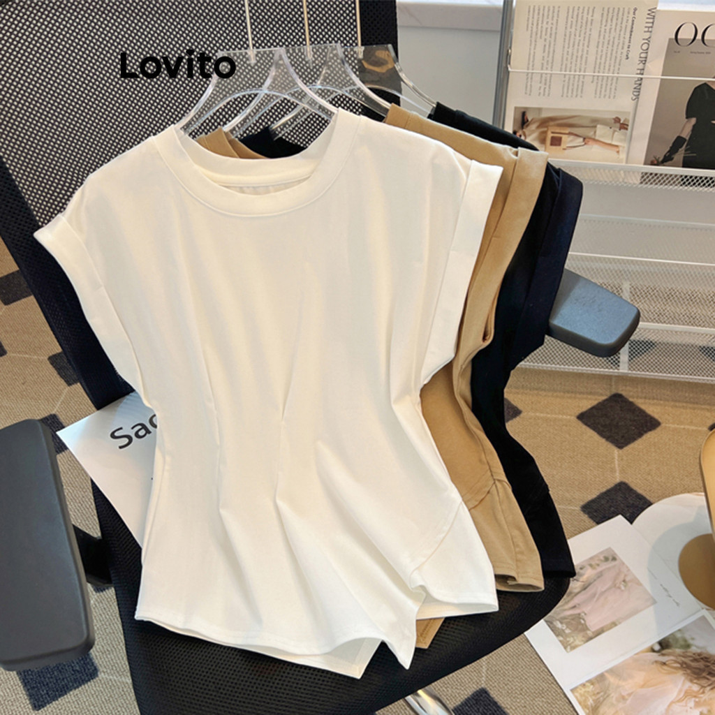 Lovito เสื้อยืดผู้หญิง แบบอสมมาตร สีพื้น สไตล์ลำลอง LNE27196 (สีกากี / สีขาว / สีดำ)