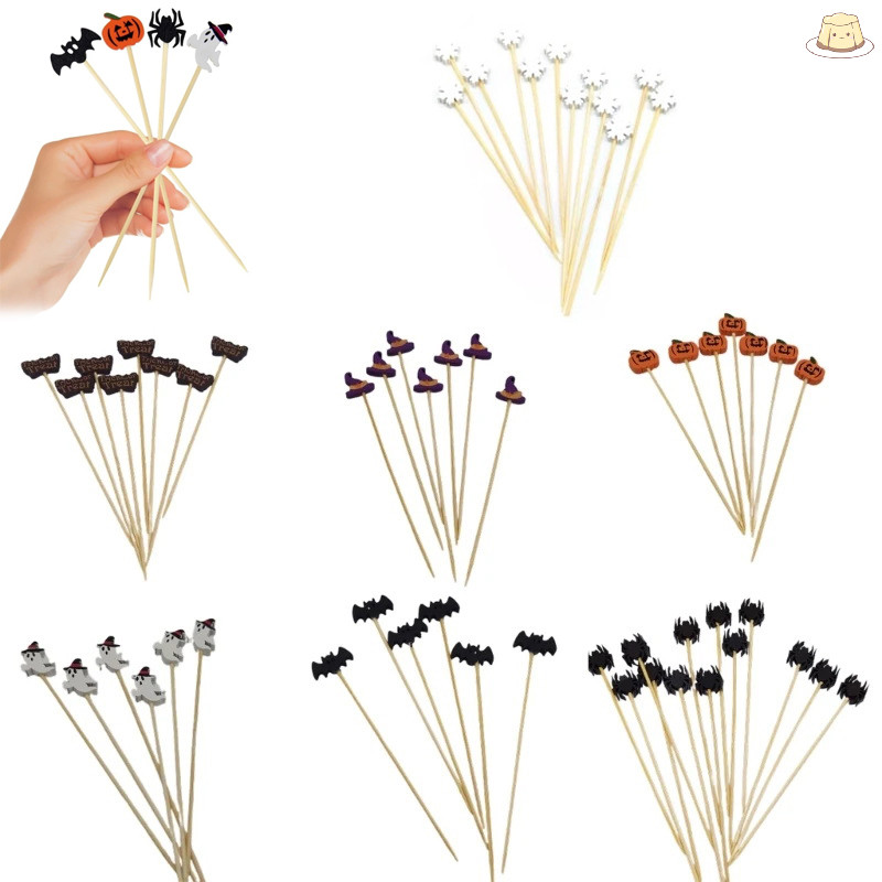 [GZ] 100 ชิ้นฟักทองฮาโลวีนไม้ไผ่ Skewers ส้อมผลไม้บุฟเฟ่ต์ขนมหวานไม้จิ้มฟันค็อกเทล Stick Ghost ค้างคาวตกแต่งฮาโลวีน TH