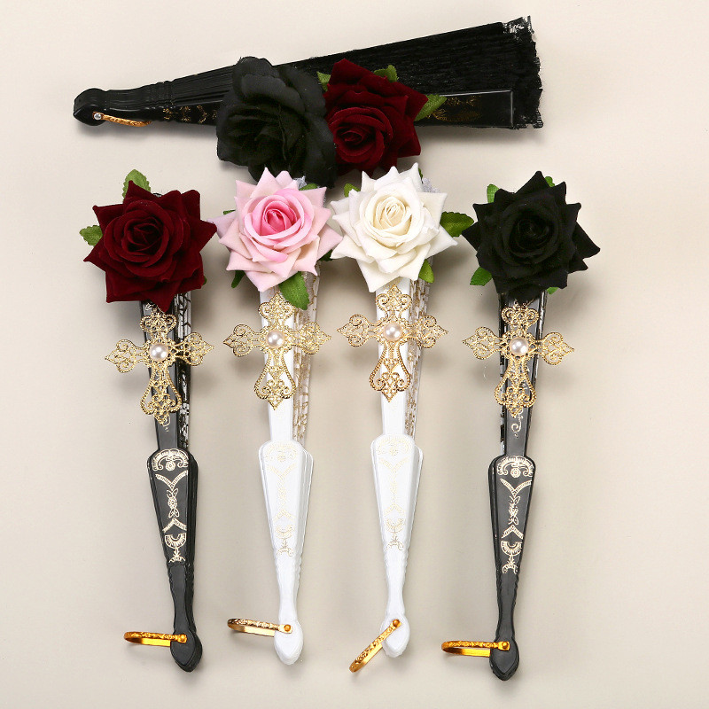 Retro Palace สไตล์ลูกไม้พัดลม Gorgeous Retro ยุโรป Rose พัดลมพับชาสไตล์ Dark การ์ตูนนิทรรศการ Photo Props
