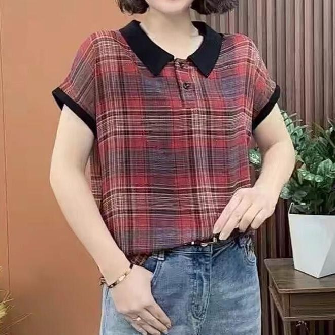 เสื้อยืดผู้หญิงฤดูร้อน 2025 แฟชั่น High end พิมพ์ตาราง Simple Polo Collar Top เสื้อยืดแขนสั้น