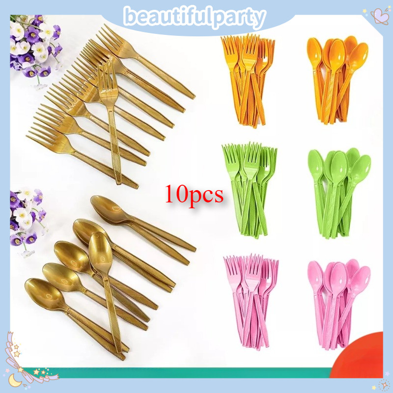 10ชิ้น/เซ็ตช้อนส้อมทิ้งบนโต๊ะอาหารทองสีเขียวสีชมพูสีเหลืองสีส้มย้อนยุคงานเลี้ยงวันเกิดตกแต่ง