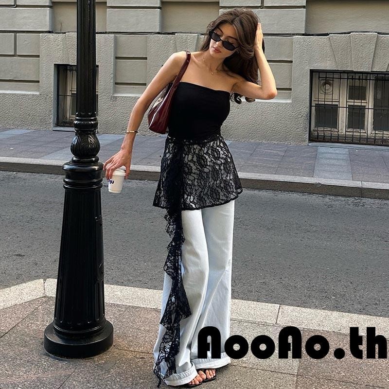 Aooao-เสื้อท่อนบนแขนกุดเปิดไหล่แต่งระบายลูกไม้แบบแพตช์เวิร์คสำหรับผู้หญิง