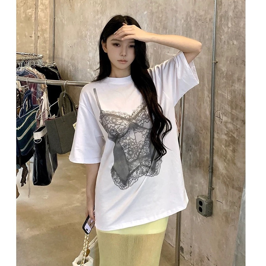 Basi เสื้อยืด oversize unisex สกรีนหน้าหลัง ลาย "Lace suspenders" เป็ดเท่ๆ ผ้าคอตตอน100% ใส่สบาย แนวสตรีท ฮิปฮอป