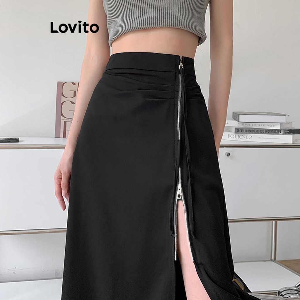 Lovito กระโปรงผู้หญิง มีสายผูก มีซิปรูด สีพื้น สไตล์ลำลอง LNA65418