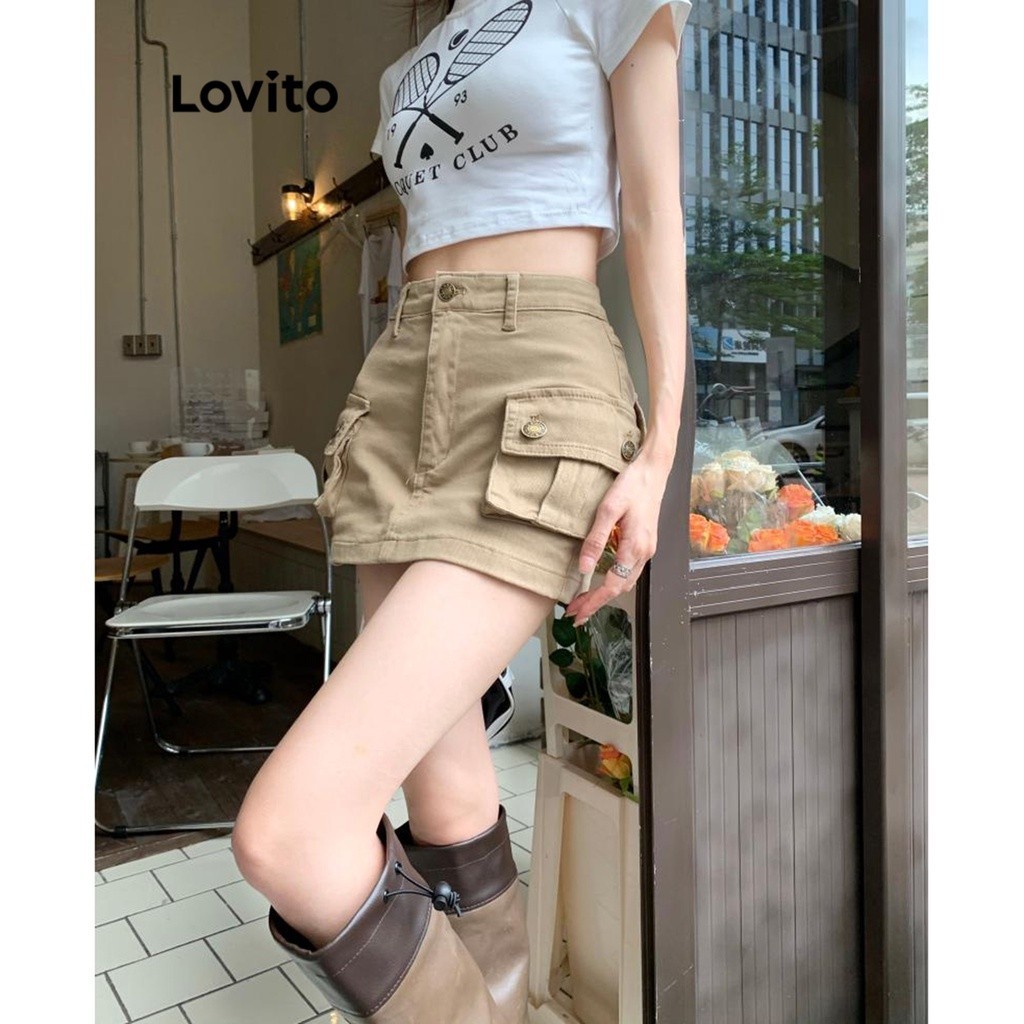 Lovito 2 In 1 กางเกงยีนส์ขาสั้น ลำลอง สีพื้น มีกระเป่า สำหรับผู้หญิง LNA19005 (สีกากี)