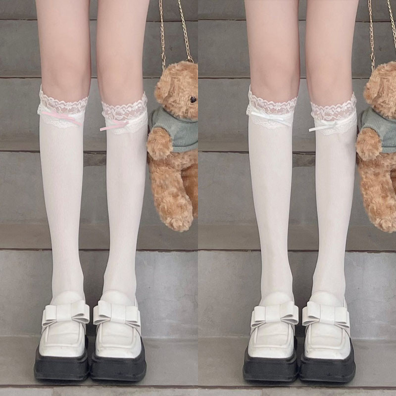ถุงเท้ายาวถึงเข่า JK สไตล์ญี่ปุ่น ถุงเท้าโบว์ ลูกไม้ บางระบายอากาศ หวานและน่ารัก สไตล์บัลเล่ต์