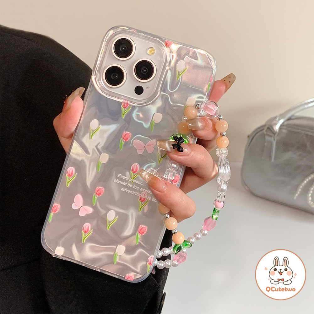 เกาหลีทิวลิปมุกสร้อยข้อมือเลเซอร์เคสโทรศัพท์สําหรับiphone 11 15 14 13 12 Pro MAX 14 15 Plus XS MAX XR 7 8 Plus Gradientwater Ripple Anti-scratch Hardโทรศัพท์ปกหลัง