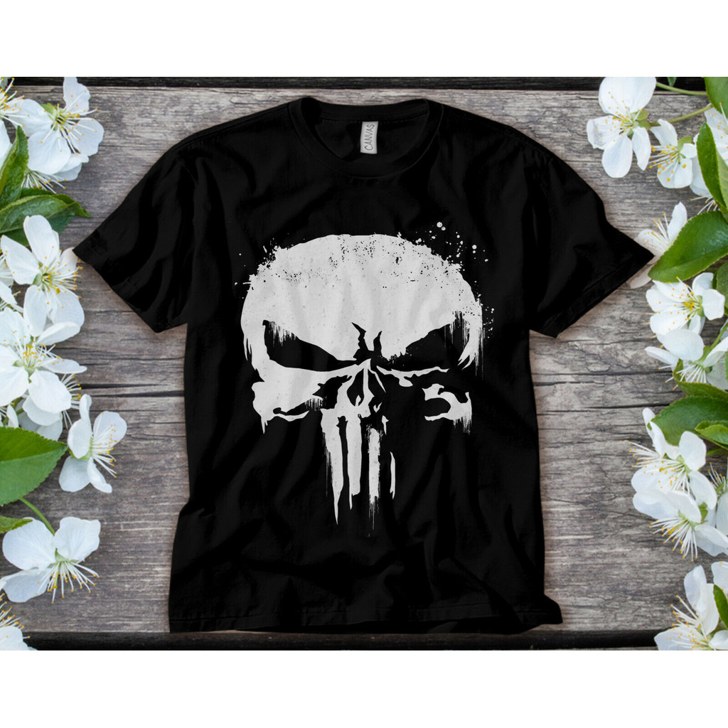 Marvel Punisher สีขาว Splatter Skull Unisex T-shirt เสื้อยืดสำหรับผู้ใหญ่