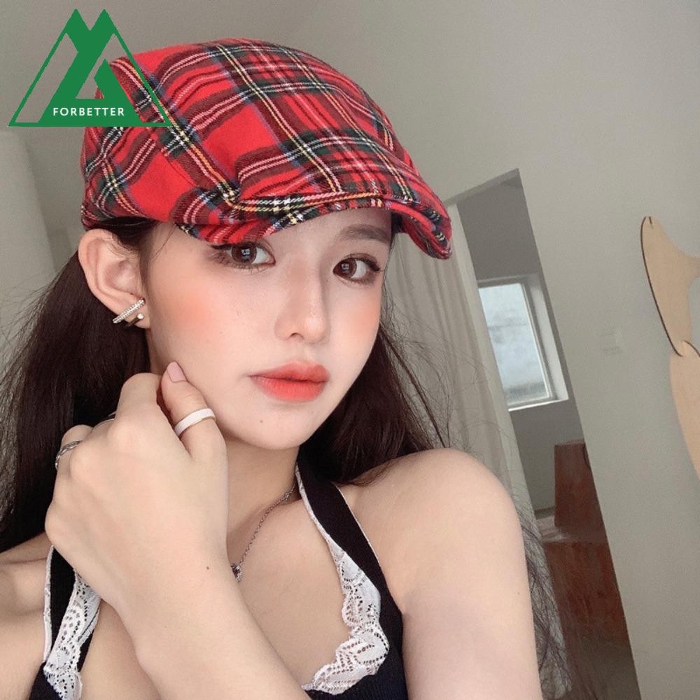 Forbetter ลายสก๊อต Beret หมวก, ปีกสั้น Retro อังกฤษไปข้างหน้าหมวก, หมวกปีกโค้ง Breathable Peaked หมวก Casquette ผู้หญิงศิลปินหมวกทํางาน
