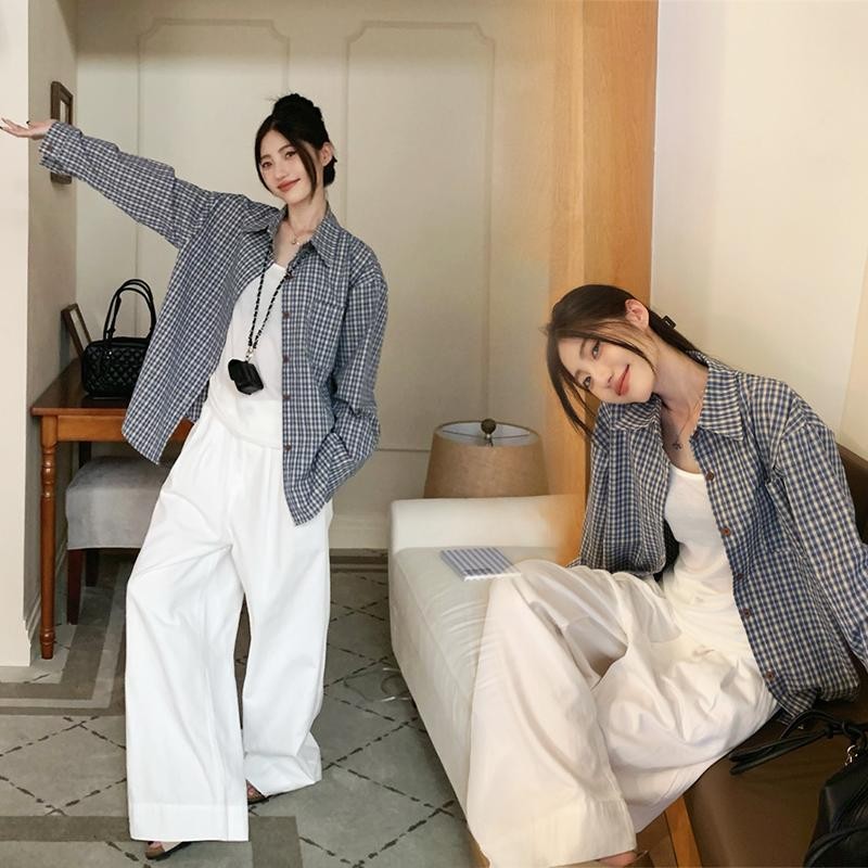 KOKO#เสื้อเชิ้ตแขนยาว คาร์ดิแกน กันแดด ลายสก๊อต สีฟ้า สำหรับผู้หญิง เสื้อเชิ้ตสีฟ้าปลายไลฟ์ เสื้อวินเทจผู้หญิง#W472