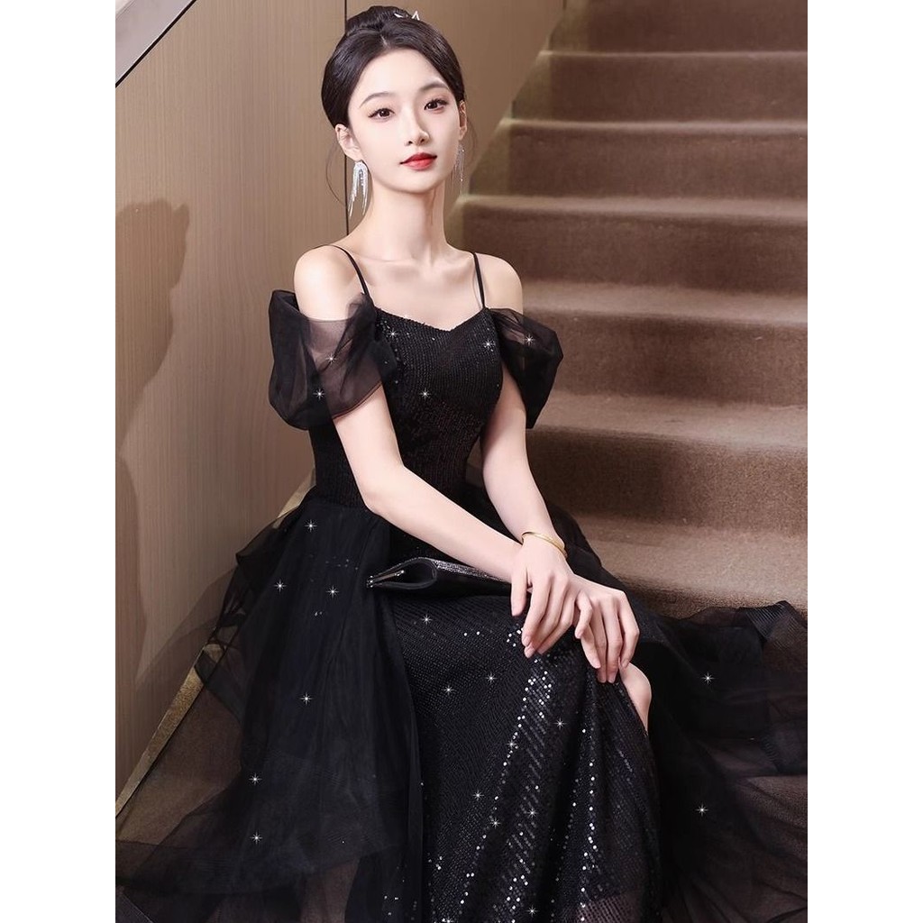 ชุดราตรีสีดํา High-End วันเกิดจัดเลี้ยงอารมณ์นักเรียน Art Exam Performance ของขวัญผู้ใหญ่ Niche Bright ประกายชุด lf10.14 - รูปที่ 7