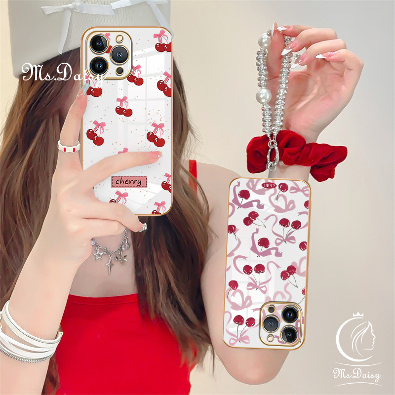 สําหรับoppo F5 F7 F9 F11 F11 Pro Reno2 Z/Reno2 F Reno 4 Reno 5 Reno 6 Pro Plus Reno 8 Proแฟชั่นCherry Bowเคสโทรศัพท์สร้อยข้อมือฝาครอบโทรศัพท์เรียบ