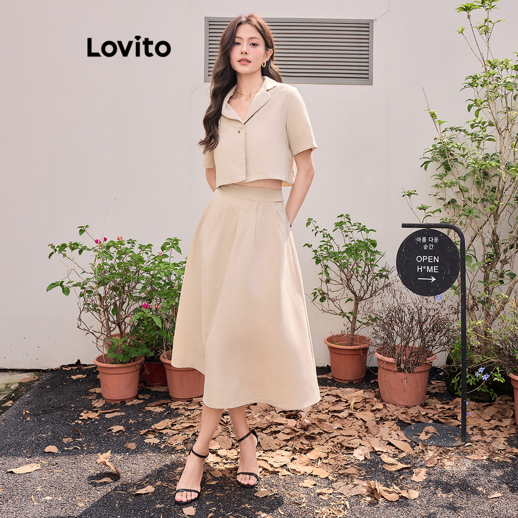 Lovito ชุดกระโปรงหน้ากระดุมธรรมดาสวยหรูสำหรับผู้หญิง L105MD356