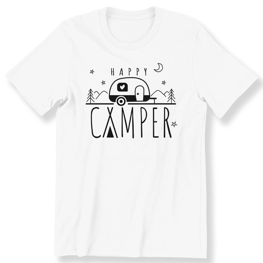 Happy Camper ผู้ชายผู้หญิง Camping เสื้อยืด Minimalist เสื้อ Camping เสื้อยืด