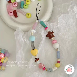 ดาวที่มีสีสันรูปหัวใจลูกปัดโซ่โทรศัพท์มือถือโทรศัพท์เสน่ห์สายคล้องพวงกุญแจสร้อยข้อมือป้องกันการสูญหายเชือกเส้นเล็กกล้องเสน่ห์โซ่ตกแ