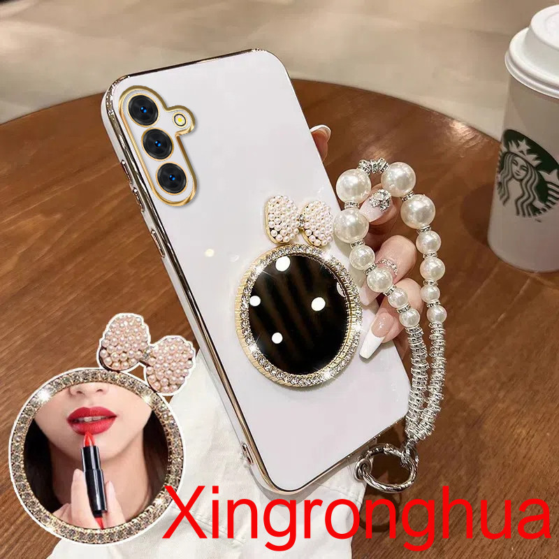 SAMSUNG ปลอกsamsung A55 A15 A25 A35 A05S A04S A14 A24 A34 A54 5Gหรูหรามุกโบว์กระจกแต่งหน้าชุบซิลิโคนเคสโทรศัพท์อ่อนพร้อมสร้อยข้อมือเชือกเส้นเล็ก