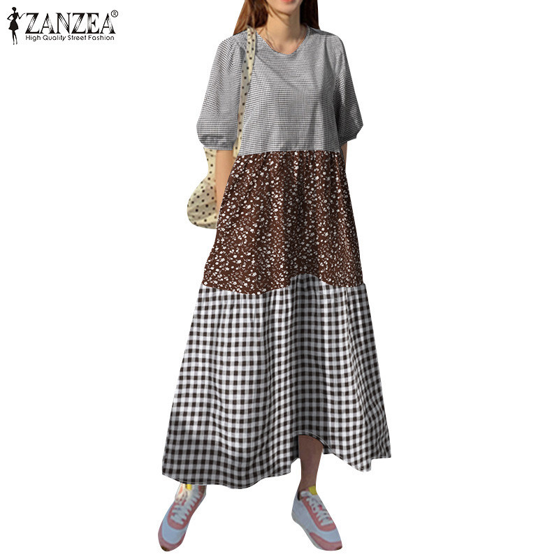 Zanzea ผู้หญิงเกาหลีตาราง Patchwork ครึ่งแขน Elasticized Cuffs ชุดเดรสสายเดี่ยว