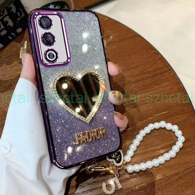 เคส Oppo A3 Pro 5G A3X 5G/ A3 A38 A18 A58 A60 A79 5G หรูหรา ชุบ แวววาว เกราะป้องกัน เปลือกอ่อน พร้อมเครื่องสําอางแต่งหน้า กระจกแห่งความรัก สร้อยข้อมือ เชือกเส้นเล็ก