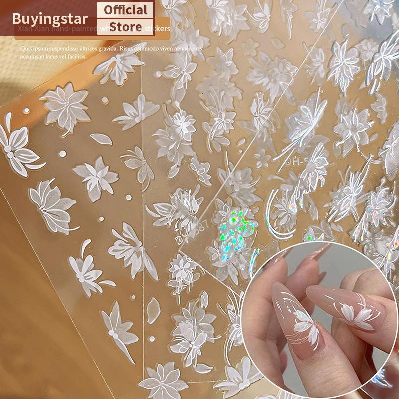 Zcx สีขาว Magnolia ดอกไม้มือวาดอารมณ์เล็บสติกเกอร์ Enhancement กาวรูปลอกตกแต่ง VO