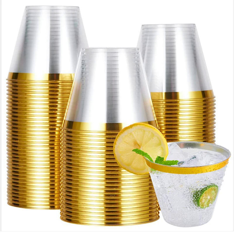 10/50/100pcs Gold Plastic Cups 9 Oz Clear Cups With Gold Rim Cocktail Glasses Drinking Cups Wedding 