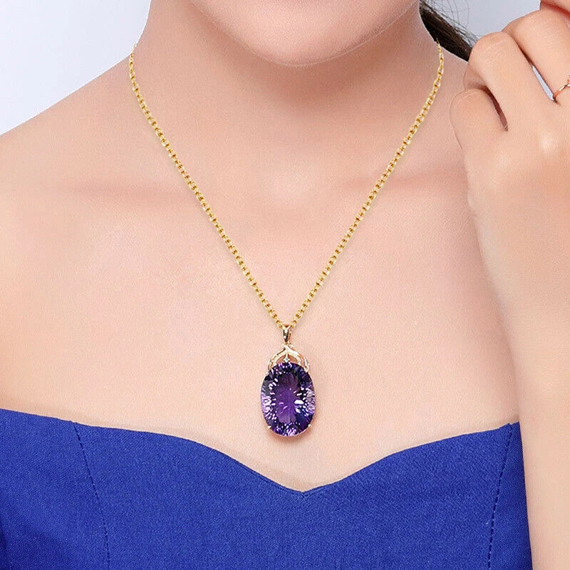 925 เงินขนาดใหญ่รูปไข่สีม่วง Cubic Zirconia จี้สร้อยคอสําหรับผู้หญิง Charming เจ้าสาวอุปกรณ์จัดงานแต่งงานแฟชั่นเครื่องประดับ