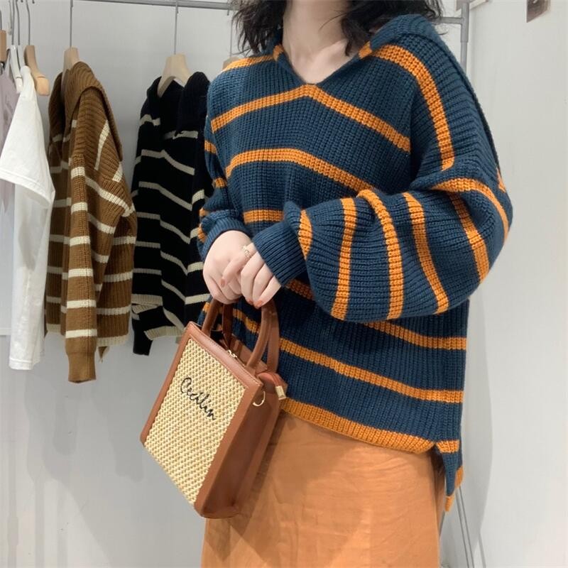KOKO#เสื้อกันหนาวผู้หญิง คอวี สเวตเตอร์ เสื้อ ไหมพรมแขนยาวลายทาง ทรงหลวม ไหมพรมเนื้อนุ่ม#5104