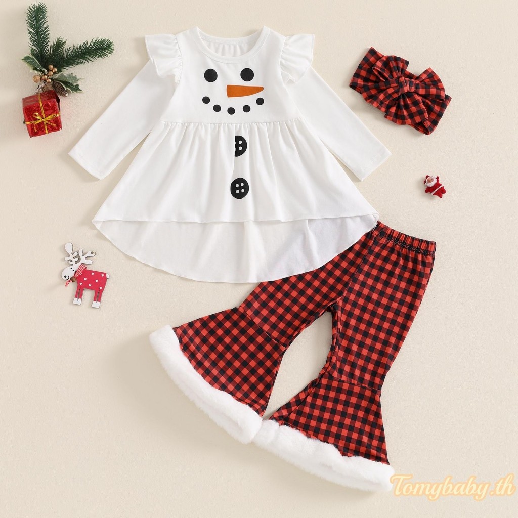 Tomybaby-ชุดเด็กผู้หญิงคริสต์มาส Snowman เสื้อแขนยาว + กางเกงขาบานลายสก๊อต + ชุดที่คาดผม