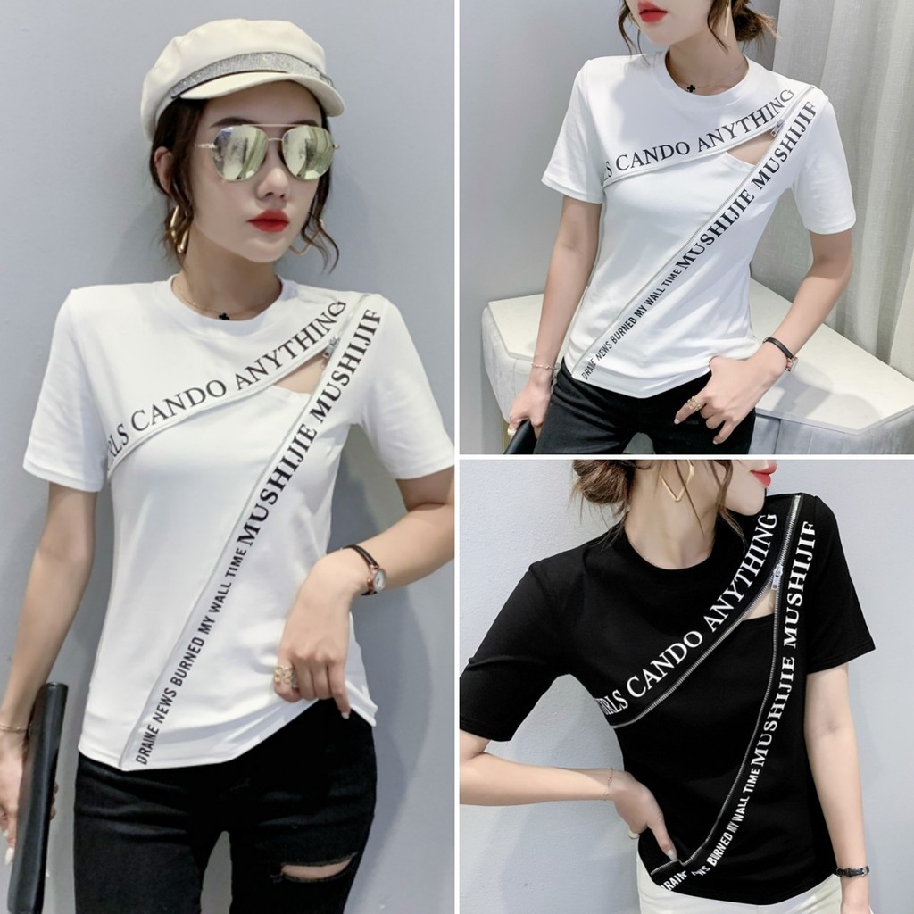 Betty house พร้อมส่ง เสื้อยืดสวยๆผู้หญิง เสื้อยืดซิปแฟชั่น ดีไซน์แบบซิป แขนสั้นเซ็กซี่ สไตล์เกาหลี