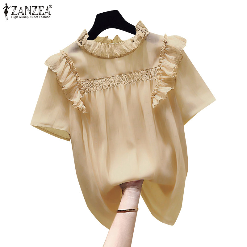 Zanzea เสื้อเบลาส์แขนสั้นคอลูกเรือหรูหราสไตล์วินเทจสําหรับผู้หญิง