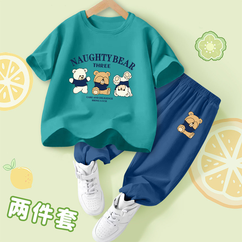 ชุดสูทเด็กฤดูร้อนสั้น T + กางเกงจ็อกเกอร์ผ้าไหมน้ําแข็งสไตล์เกาหลีแฟชั่นเด็กผู้ชาย