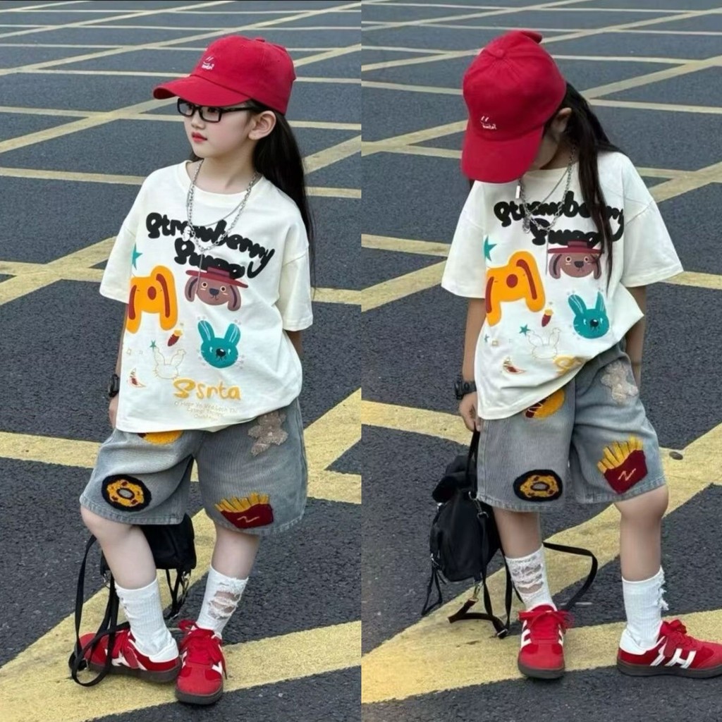 ฤดูร้อนใหม่ - ชุดเด็กหญิงขนาดกลางการ์ตูนเสื้อหลวม + กางเกงยีนส์ชุดสองชิ้น