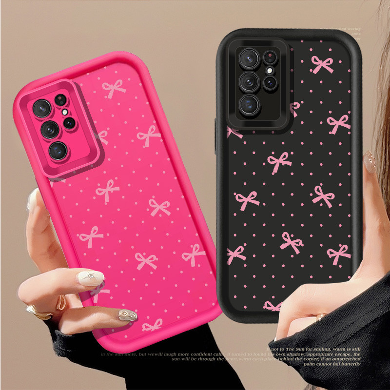 โบว์สีชมพูรอบ Dot สําหรับ Samsung Galaxy S21 Ultra S22 Ultra S24 Ultra S24 Plus S30 Ultra J2 Prime J
