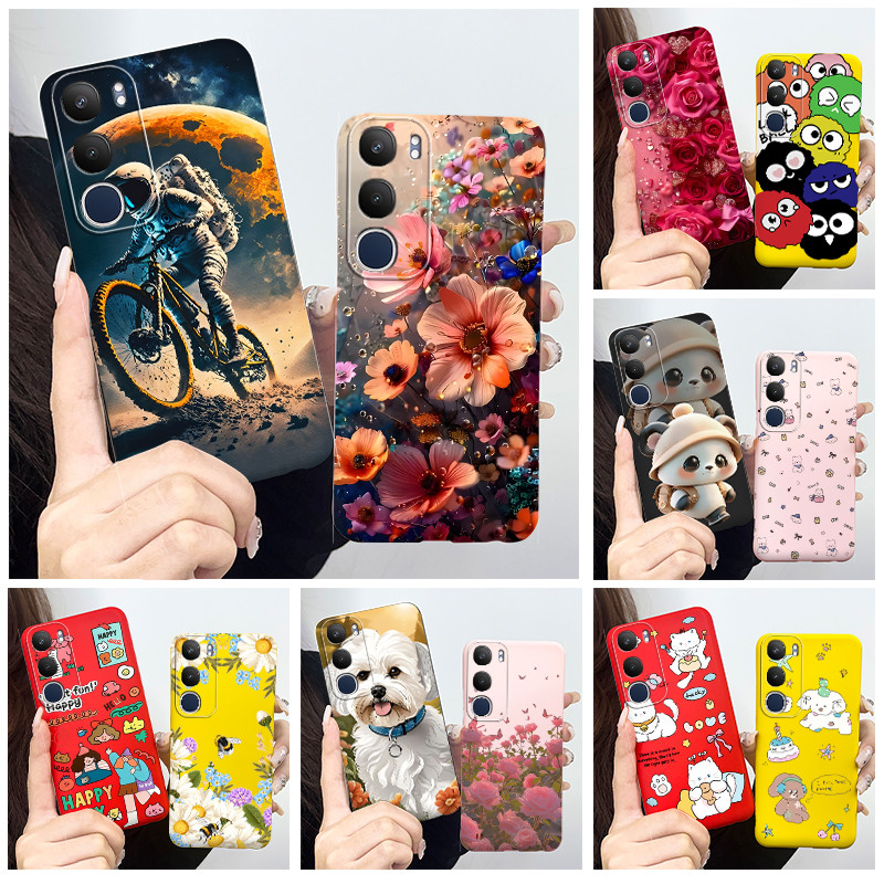 สําหรับVivo Y19s 2024 กรณีV2419 น่ารักการ์ตูนPandaดอกไม้นักบินอวกาศรูปแบบSoft CandyซิลิโคนTPUเคสโทรศัพท์สําหรับVivo Y200 Y300 5G Shell