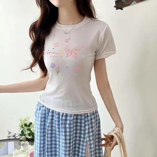G01-06 เสื้อยืดสีดำ แขนสั้นพิมพ์ลายผีเสื้อ สุดน่ารัก แนวเกาหลี หลายไซส์ ผ้านิ่มสวมใส่สบาย ใส่ได้ทุกโอกาส ราคาถูก