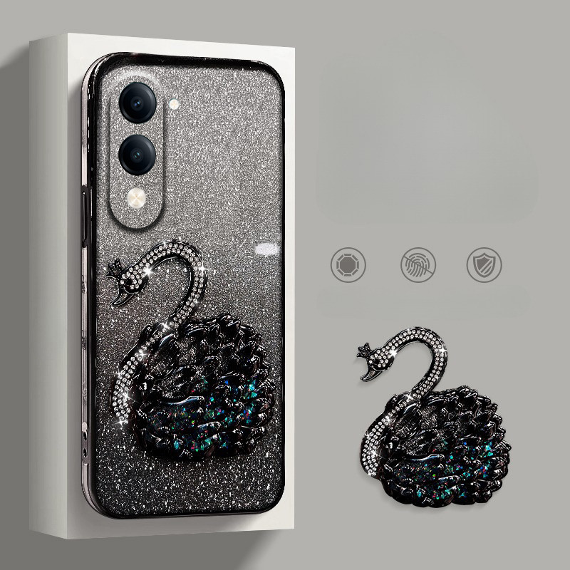 สําหรับ Vivo Y19S GT Y400 Pro Y29T Y29S Y04 Y04S กรณีไล่ระดับสี 3D Swan ทรายช่องทางขาตั้ง Slim ชุบหร