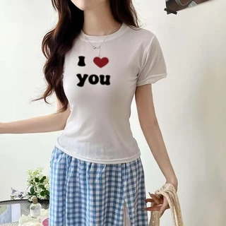 G01-04 เสื้อยืดสีดำ แขนสั้นพิมพ์ลายI LOVE YOU สุดน่ารัก แนวเกาหลี หลายไซส์ ผ้านิ่มสวมใส่สบาย ใส่ได้ทุกโอกาส ราคาถูก