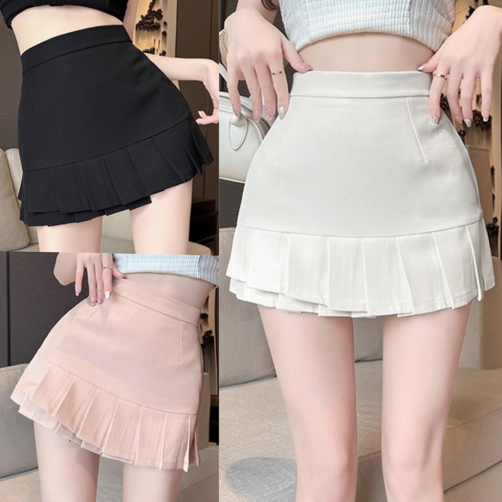 กระโปรงสั้นทรงเข้ารูปปลายแต่งกรีบ เอวสูง แบบซิปข้าง (มีซับในกางเกง) ผ้าฮานาโกะ นุ่มนิ่ม น่ารักมาก แฟชั่นสำหรับผู้หญิง