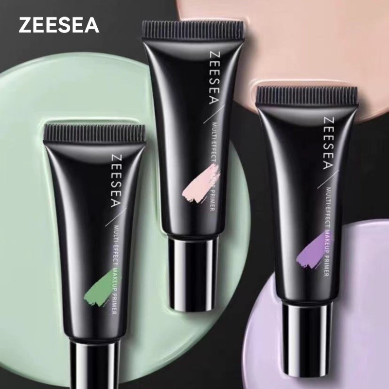 ZEESEA ครีมเบสหน้าสำหรับแต่งหน้า ไพรเมอร์แยกผิว ตัวอย่างขนาดกลาง สีม่วงและเขียว ครีมแต่งหน้าสำหรับแย