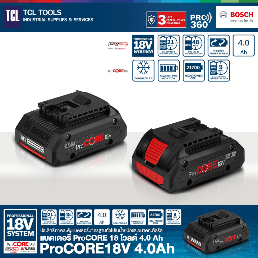 Bosch แบตเตอรี่ ProCORE 18 โวลต์ 4.0 Ah รุ่น ProCORE18V 4.0Ah (1600A028TU)