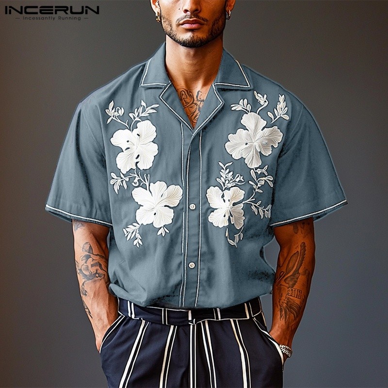เสื้อเชิ๊ตผู้ชายแบบ vintage พิมพ์ลายดอกไม้ สไตล์หรูหรา มีกระดุมและแขน raglan เหมาะสำหรับวันหยุด
