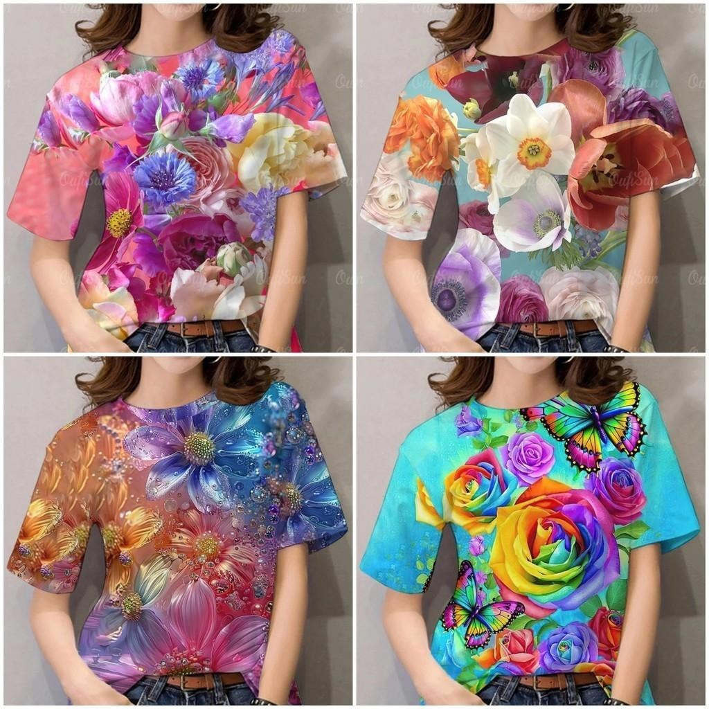 เสื้อยืดผู้หญิงทรงหลวม พิมพ์ลายดอกไม้beautiful design ใส่สบายและแฟชั่น