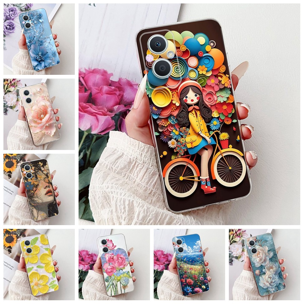 Oppo Reno 7Z 5G Case CPH2343 Clear Aesthetic แมวน่ารักแฟชั่นดอกไม้ทาสีฝาหลัง Oppo Reno7 Z 5G เคสโทรศ