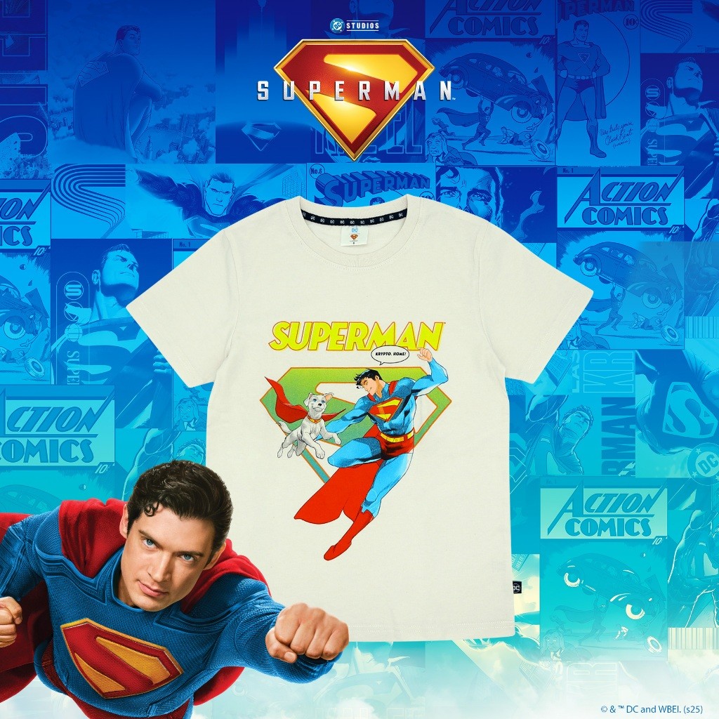 Superman Boys "Superman & Krypto" เสื้อยืดสีขาวกราฟิกทั้งสําหรับผู้ใหญ่และเด็ก